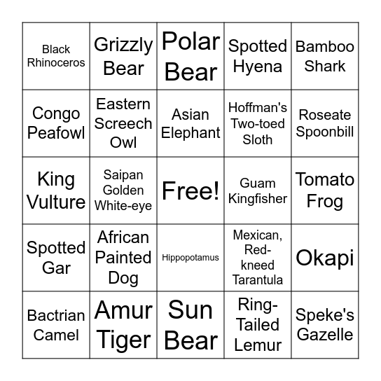 Animals Bingo Card