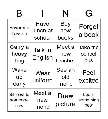 First Week at School Bingo Card