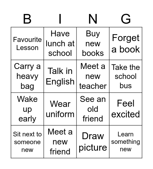 First Week at School Bingo Card