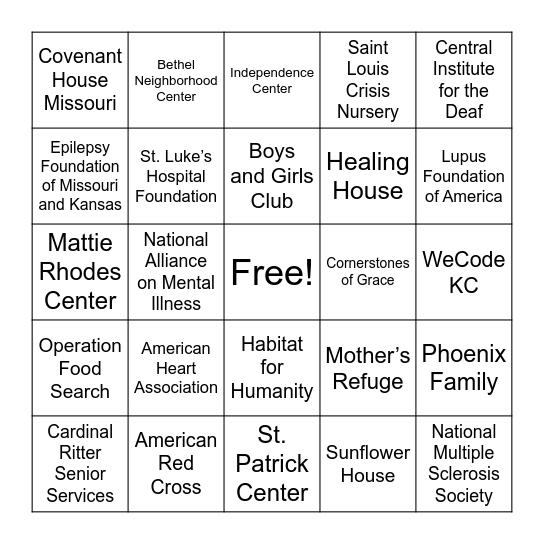 United Way Supported Organizations Bingo Card