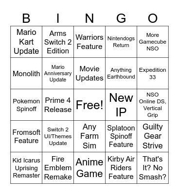 Nintendo Direct Bingo Card