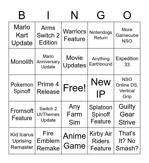 Nintendo Direct Bingo Card