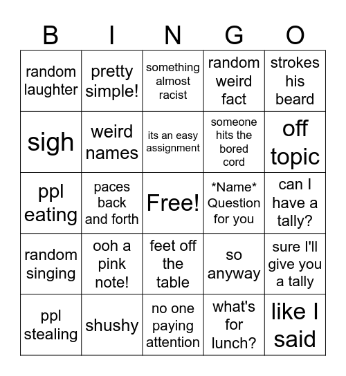 Mr gustans class bingo Card