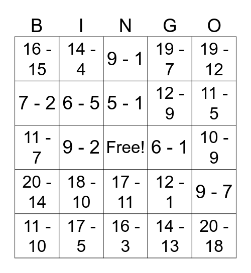 Subtraction Bingo Card