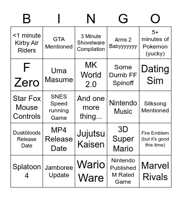 Nintendo Direct Bingo Card