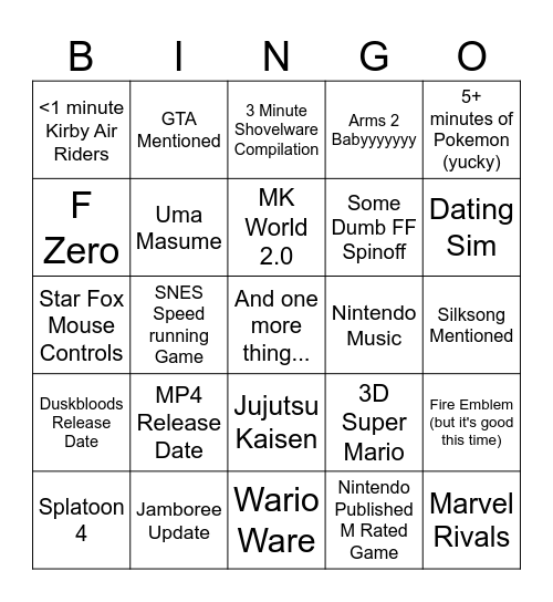 Nintendo Direct Bingo Card