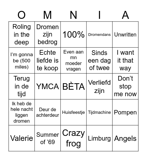 Muziekbingo Omnia Bingo Card