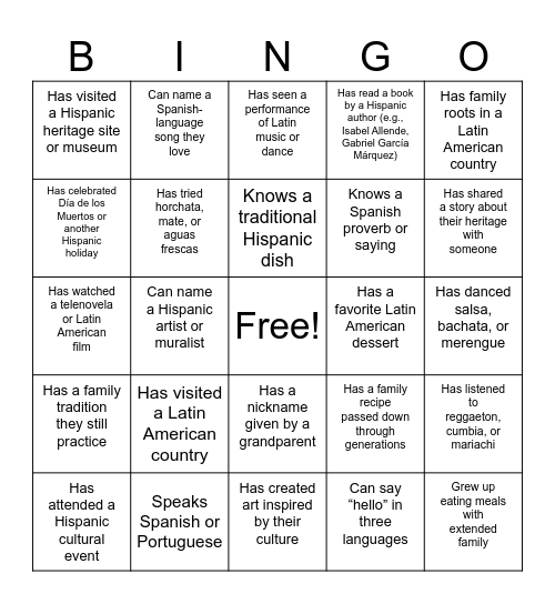 Cultural Connections BINGO Card
