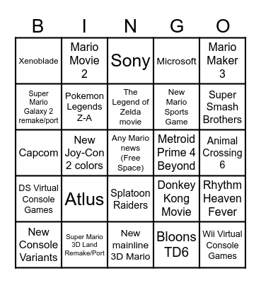 Nintendo Direct September 12th 2025 Bingo Card