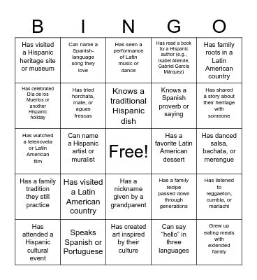Cultural Connections BINGO Card