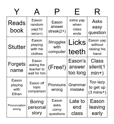 ENGLISH BINGO Card