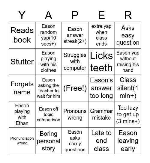 ENGLISH BINGO Card