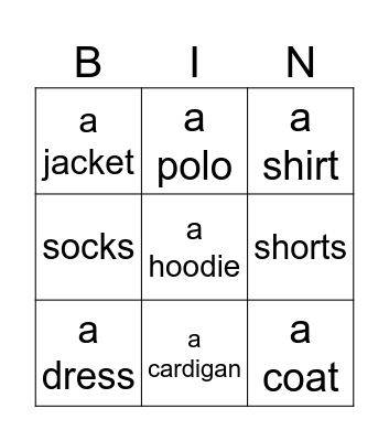 Clothes Bingo Card