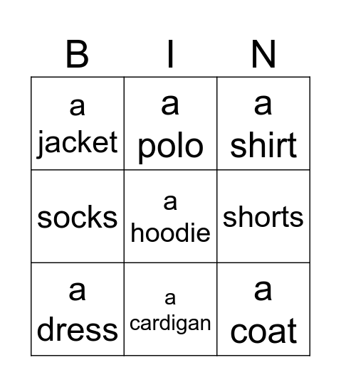 Clothes Bingo Card