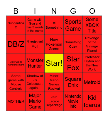 Nintendo Direct 9/12 Bingo Card