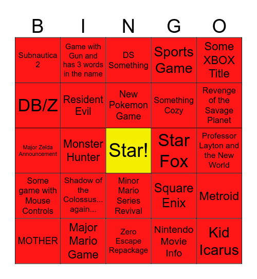Nintendo Direct 9/12 Bingo Card