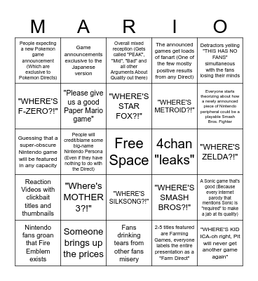 Nintendo Direct Reactions Bingo Card
