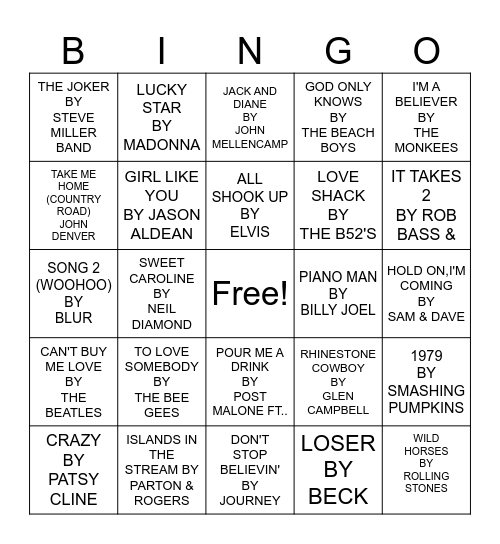 Music Bingo #1 Bingo Card