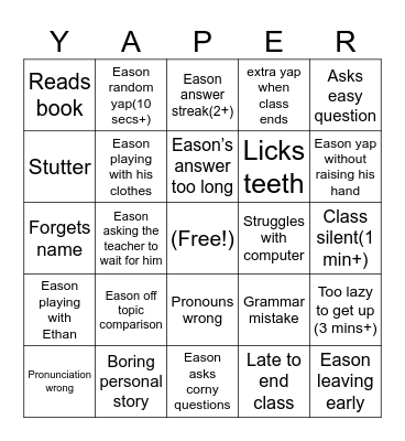 ENGLISH BINGO Card