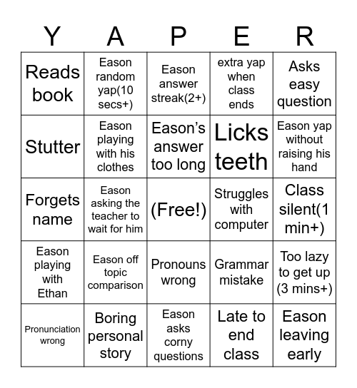 ENGLISH BINGO Card