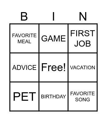 Personal Story Reminiscence Bingo Card