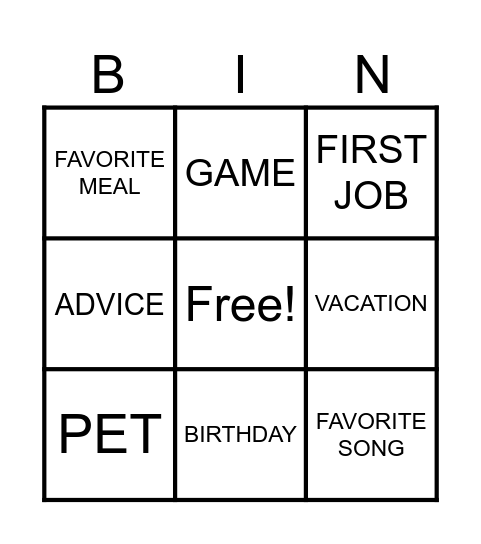 Personal Story Reminiscence Bingo Card