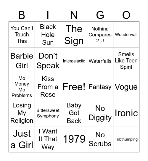 90s Music Bingo Card