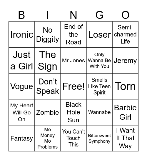 90s Music Bingo Card