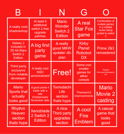 NINTENDO DIRECT 12/9/25 HERO SIDE Bingo Card