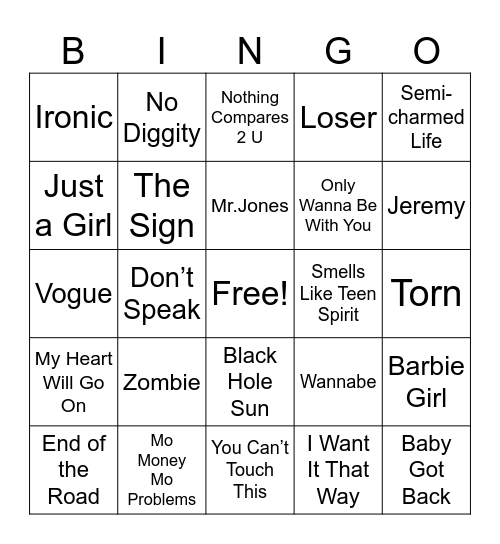 90s Music Bingo Card