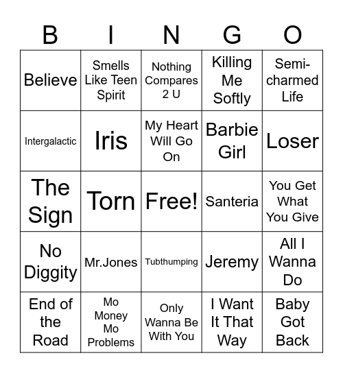 90s Music Bingo Card