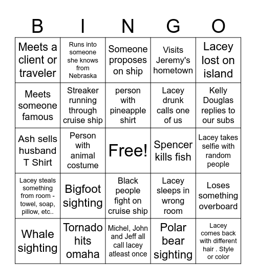 Lacey's Cruise Bingo Card