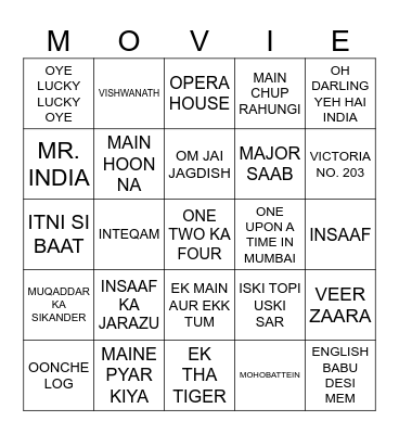 BOLLYWOOD MOVIES Bingo Card