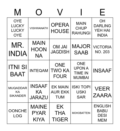 BOLLYWOOD MOVIES Bingo Card