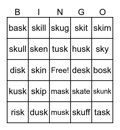 'sk' Word Bingo Card