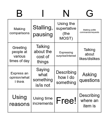 Language Functions Bingo Card