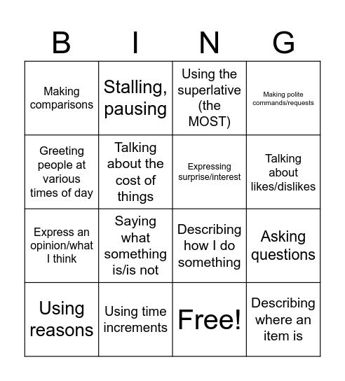 Language Functions Bingo Card