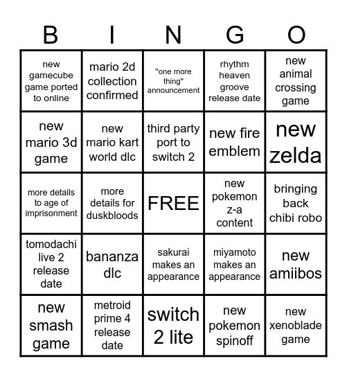 nintendo direct september 2025 bingo card Bingo Card