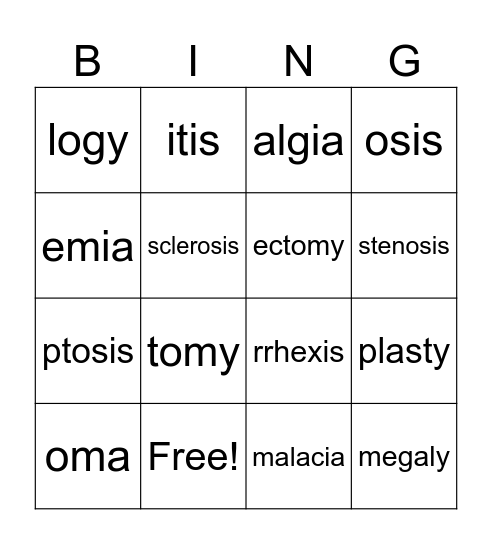 Suffixes Bingo Card