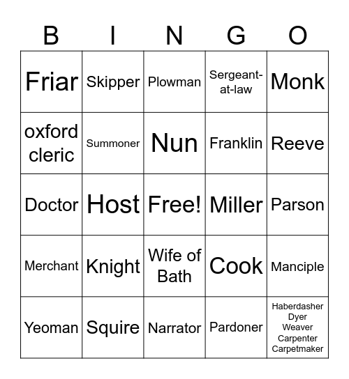 Canterbury Pilgrims Bingo Card