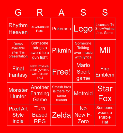 Nintendo Direct September 2025 Bingo Card
