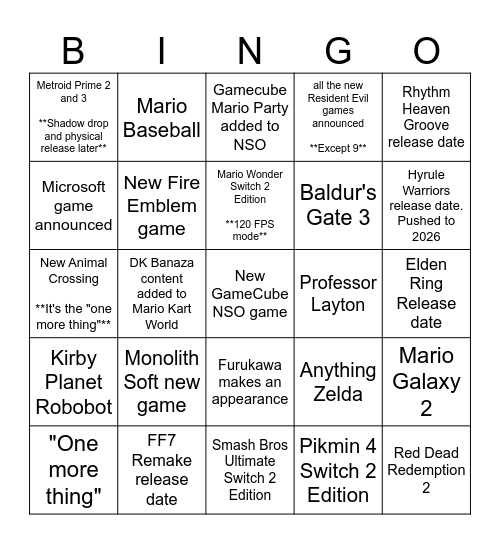 September 12, 2025 - Nintendo Direct Bingo Card