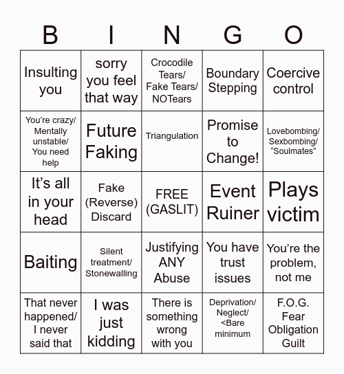 NARCISSIST Bingo Card