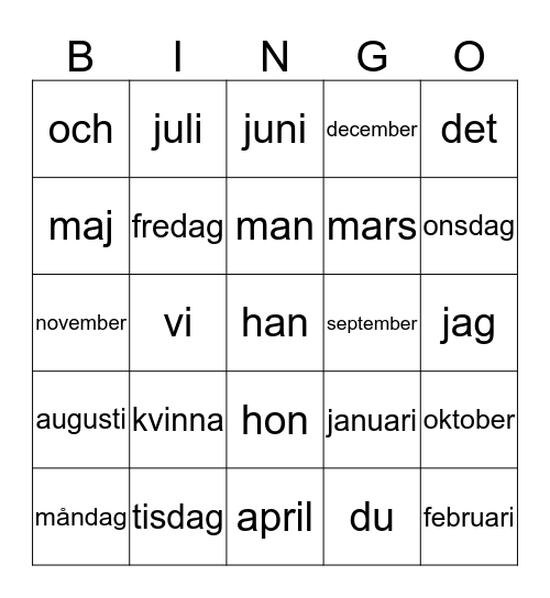 månader, dagar, ordbilder Bingo Card