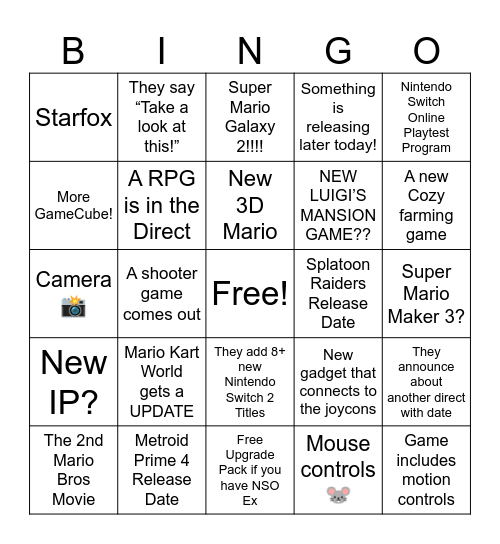 09.12.25 Nintendo Direct Bingo Card