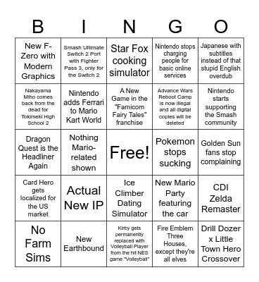9/25 Nintendo Direct Predictions Bingo Card