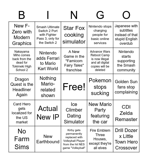 9/25 Nintendo Direct Predictions Bingo Card