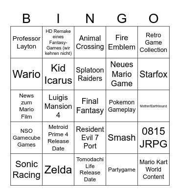 Nintendo Direct Bingo Card