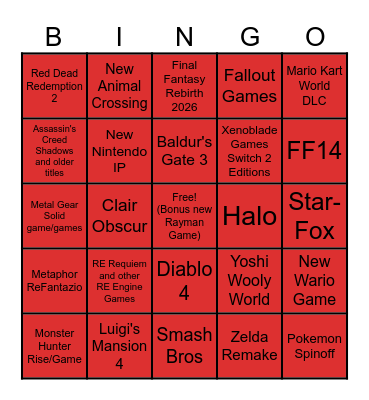 Nintendo Direct Bingo Card Bingo Card