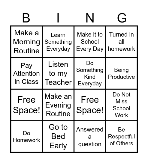 School Attendance Bingo Card